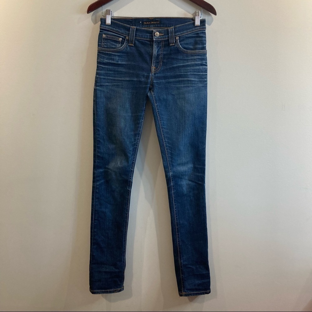 NUDIE Sz 27 x 32” Tight Long John In Murky Jeans. Rise: 10”